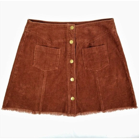 Mittoshop Corduroy Mini Skirt NEW Brown Button Front Size L Pockets Frayed Hem - Picture 1 of 9